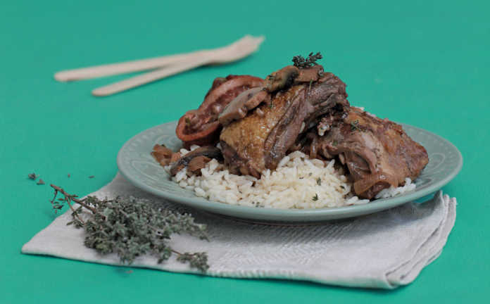 Cooking wild guinea fowl with sherry and red wine