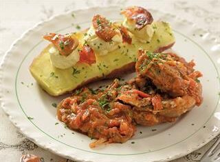 Lamb curry with dates, cream cheese and sweet potato