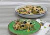 Oven-baked cauliflower, broccoli, olives and cheese