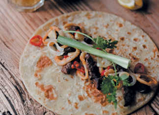 Beef and seafood roti wraps