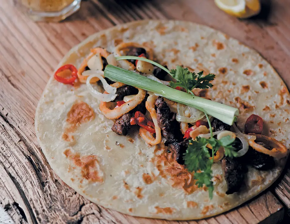 Beef and seafood roti wraps