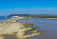 A May 2017 photograph showing the significant progress been made by removing over 1 million m3 of dredge spoil that separates the Mfolozi River from Lake St Lucia Estuary.