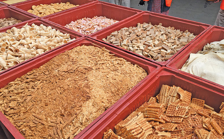 Raw materials include biscuits, ice-cream cones and chocolate