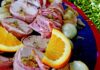 Orange-glazed apple-stuffed pork fillet with balsamic baby onions on the side